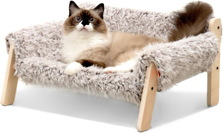 MEWOOFUN Canapea pat pentru pisici, din lemn, 56 x 45 cm, canapea robustă pentru pisici de dimensiuni mari - Scaun modern pentru pisici cu husă detașabilă, capacitate de încărcare 10 kg (alb, 56 x 45 cm)