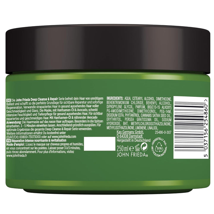John Frieda - Deep Cleanse & Repair Mask / Treatment - Conținut: 250 ml - Cu ulei de semințe de cânepă + avocado hrănitor - Mască de păr calmantă pentru părul deteriorat Masca de par Naty Shop