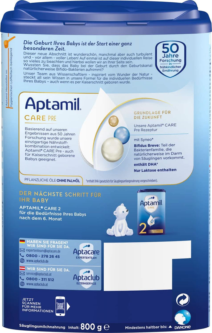 Aptamil Care PRE – Anfangsmilch Von Geburt An, Mit DHA, Nur Laktose, Ohne Palmöl, Babynahrung, Milchpulver, 1X 800 G