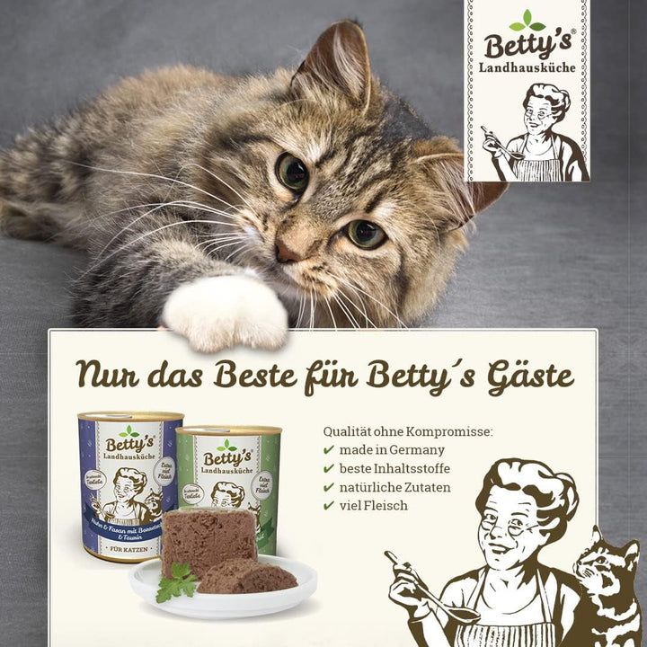 Betty'S Landhausküche cutie de hrană umedă pentru pisici, Fără cereale, Cea mai bună calitate, Carne de înaltă calitate, Gently cooked, Potrivit pentru toate rasele de pisici, Pui și fazan cu ulei de borangic 6 X 200 G