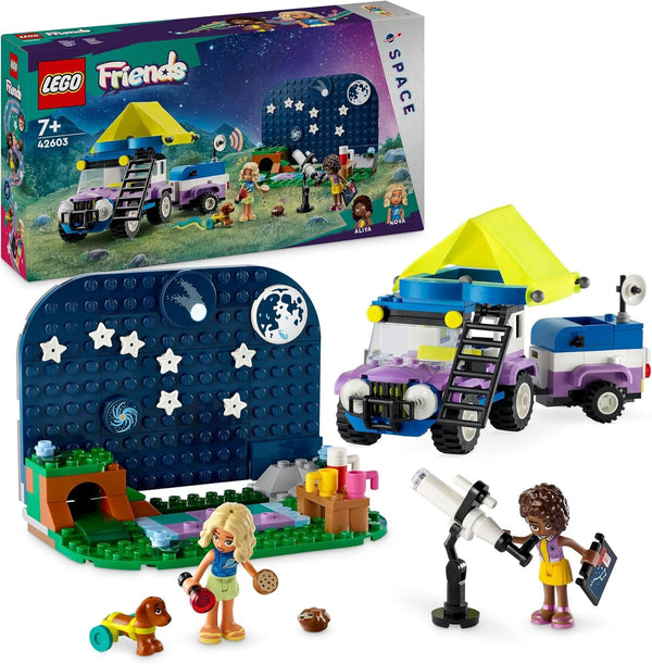 Set de vehicule de camping LEGO Friends Stargazer cu mașină de teren și telescop de jucărie, cadou de la 7 ani pentru fete și băieți, include figurile de joc Nova, Aliya și un câine 42603