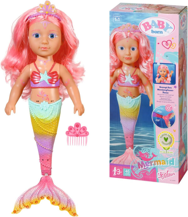 BABY Born Little Sister Mermaid 46 cm, Păpușă sirenă impermeabilă cu păr lung și aripioară mobilă cu sclipici, incl. tiară și pieptene, 833681 Zapf Creation