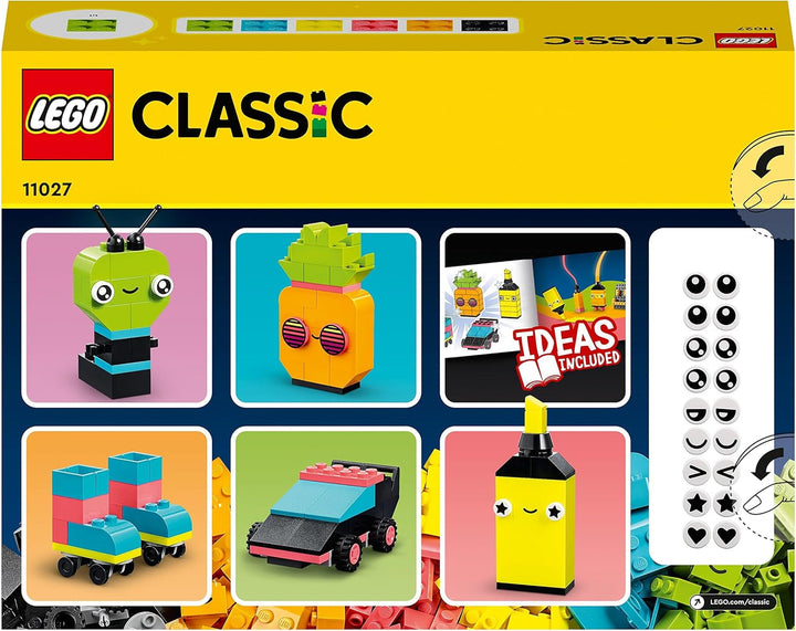 LEGO 11027 Classic Neon Creative Building Set, Brick Box Set, Jucărie de construcție cu modele: mașină, ananas, extraterestru, patine cu rotile, figuri și multe altele, pentru copii de la 5 ani în sus