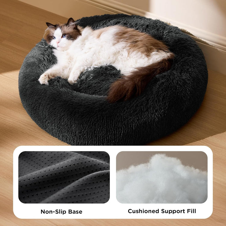 BEDSURE Pat pentru câini, lavabil, pufos, pat pentru pisici - pernă tip gogoașă Ø 50 cm, loc de dormit pentru pisici, câini mici și medii, pernă pluș pentru pisici, pat rotund pufos, gri închis