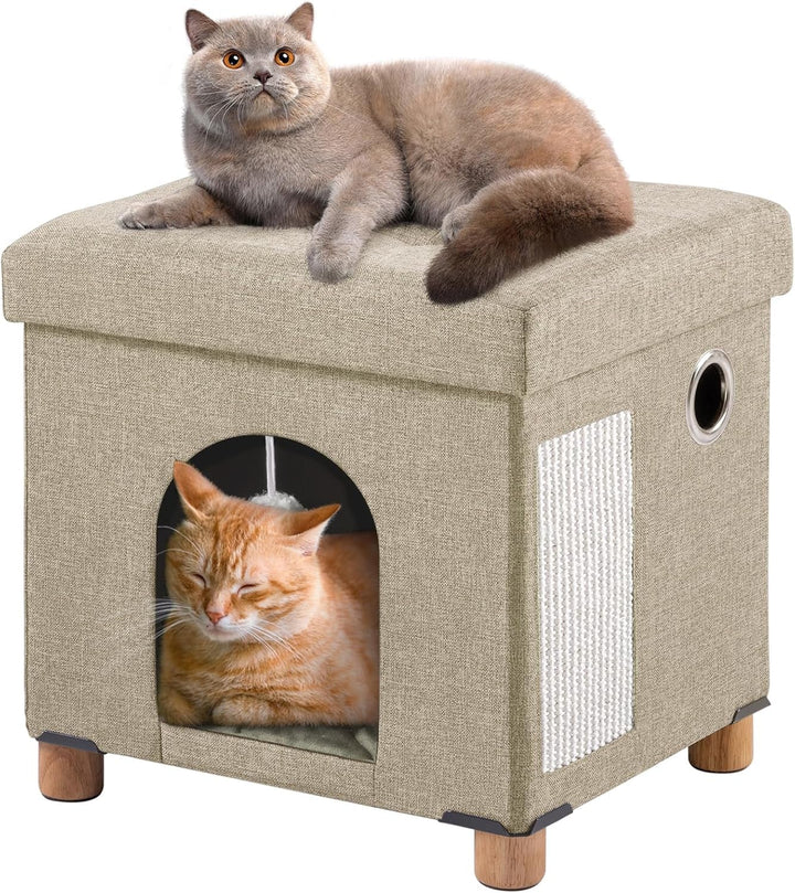 BRIAN & DANY Peșteră pliabilă pentru pisici mari, Casă pentru pisici cu zgârietură și minge de joacă, Taburet tip piept cu picioare din lemn 37 x 31,8 x 36 cm, Albastru