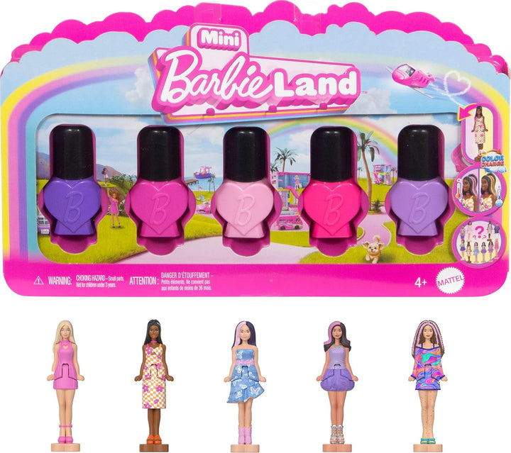 Barbie Mini Barbieland Set de 5 păpuși Fashionistas, Aprox. 3.8cm înălțime Mini păpuși în mâneci de ruj, set de colecție cu surprize (stilurile pot varia), JBD26