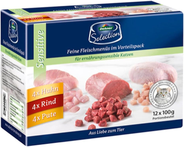 Dehner Premium Cat Food Sensitive Multipack, Hrană umedă, Pentru pisici sensibile din punct de vedere nutrițional, 4 X pui / vită / curcan fiecare, 12 X pungi de 100 G (1,2 kg)