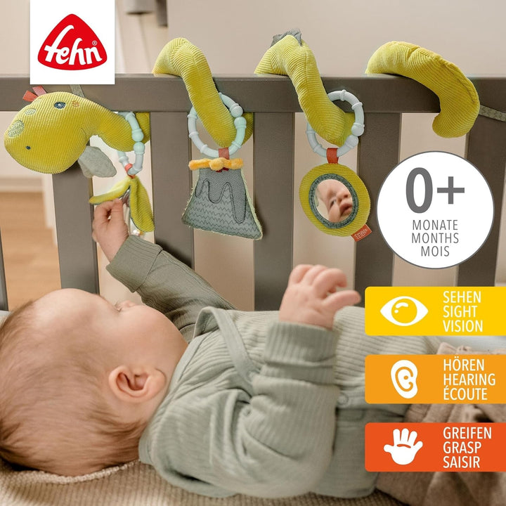 Fehn Activity Spiral Dino - jucărie de cărucior pentru pipăit și prindere - jucărie dinozaur pentru copii pentru pat, loc de joacă, cărucior pentru sugari și scaun auto - jucărie de activitate motorie pentru bebeluși și copii mici de la 0+ luni Jucarii Bebe Naty Shop