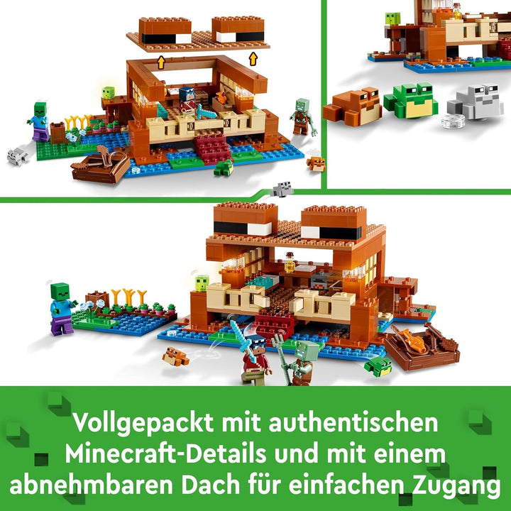 LEGO Minecraft The Frog House, casă de jucărie cu figuri, inclusiv zombie, slime și om înecat, plus accesorii precum barcă de jucărie și banc de lucru, cadou pentru băieți și fete de la 8 ani 21256