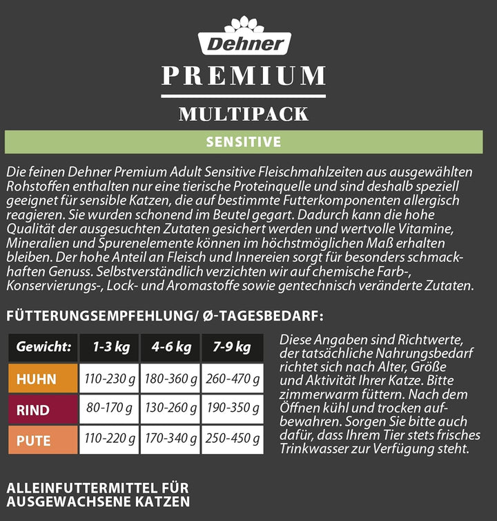 Dehner Premium Cat Food Sensitive Multipack, Hrană umedă, Pentru pisici sensibile din punct de vedere nutrițional, 4 X pui / vită / curcan fiecare, 12 X pungi de 100 G (1,2 kg)