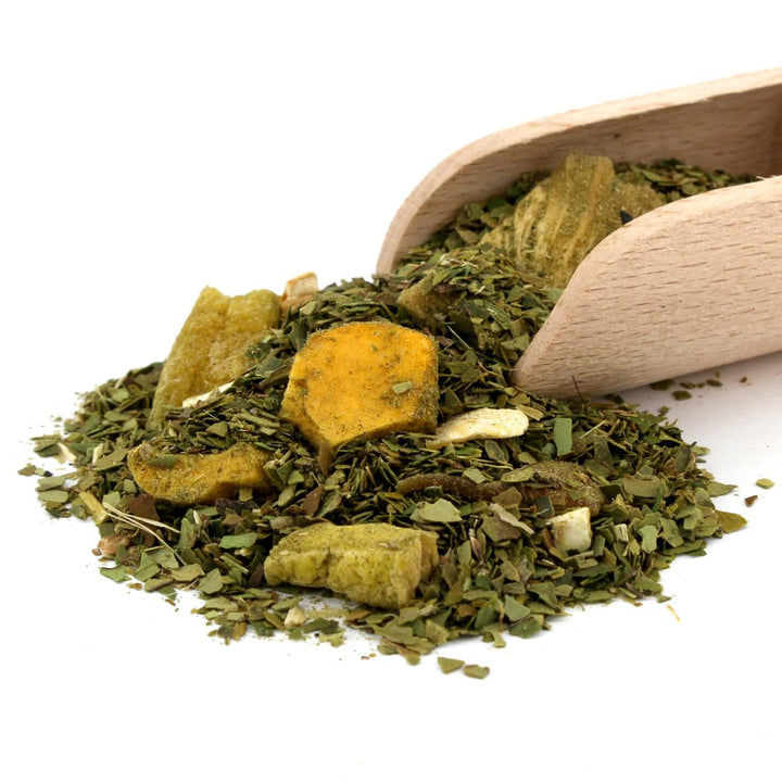 Yerba  Melon De Guava 500G – Ceai brazilian Yerba Mate cu pepene galben, guava, jackfruit, ananas și nucă de cocos - Exotic și fructat - Uscat la aer, vegan