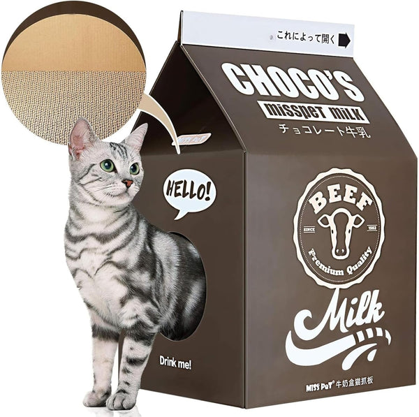 Căsuță pentru pisici din carton ondulat Scratchme, formă de cutie de lapte, căsuță pentru pisici de dimensiuni mici și medii, maro, 33 × 32 × 56 cm, pat negru tip cutie de lapte