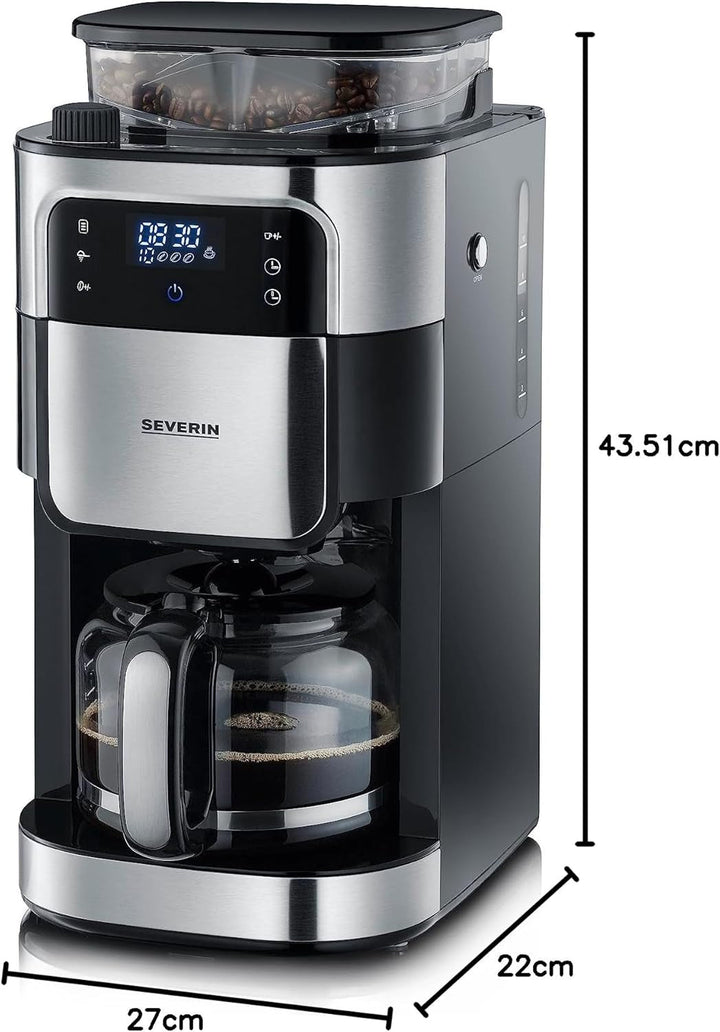 Espressor SEVERIN cu râșniță, espressor cu carafă de sticlă și funcție de cronometru, disponibil și ca espressor la filtru, pentru până la 10 cești de cafea, 1000 wați, negru/oțel inoxidabil, KA 4813