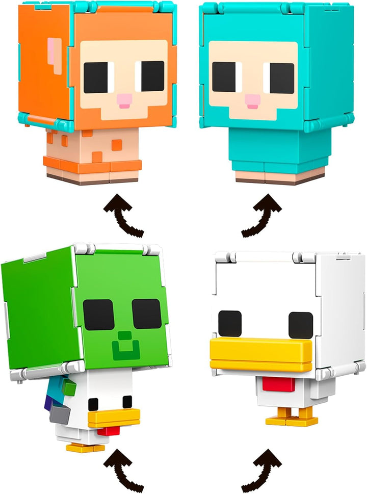 Mattel Minecraft Flippin' Figs Oaie și pui 2-Pack cu figuri de joacă 2-in-1, capete mari și design Pixel HXK17