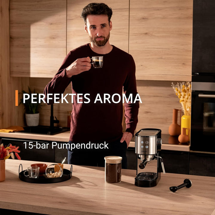 Krups Virtuoso Essential espresso portafilter machine, 15 bar, Aplicații din oțel inoxidabil, Design subțire, Panou de control cu 4 funcții, Incl. accesorii barista, Oțel inoxidabil, XP441810