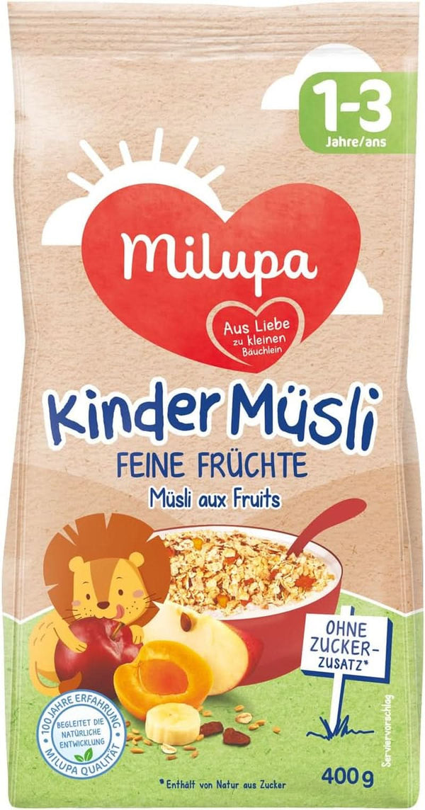 Milupa Kindermüsli Feine Früchte – Getreide Frühstück Müsli Von 1 Bis 3 Jahre, Ohne Zuckerzusatz, Babynahrung, 4 X 400G