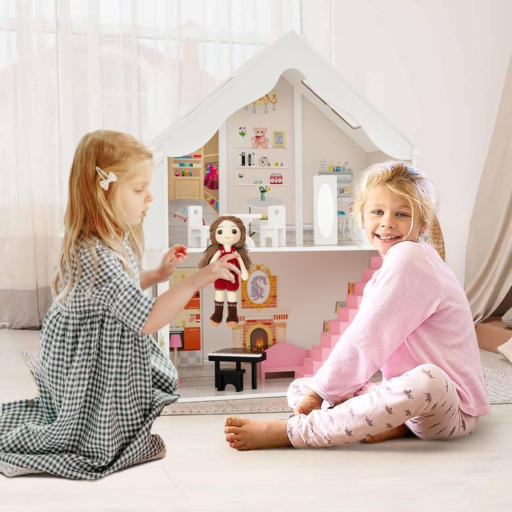 FANTASK Casă de păpuși din lemn, casă de păpuși cu 2 etaje cu accesorii și mobilier, jucărie pentru păpuși de 28-36 cm, pentru copii cu vârsta de peste 3 ani