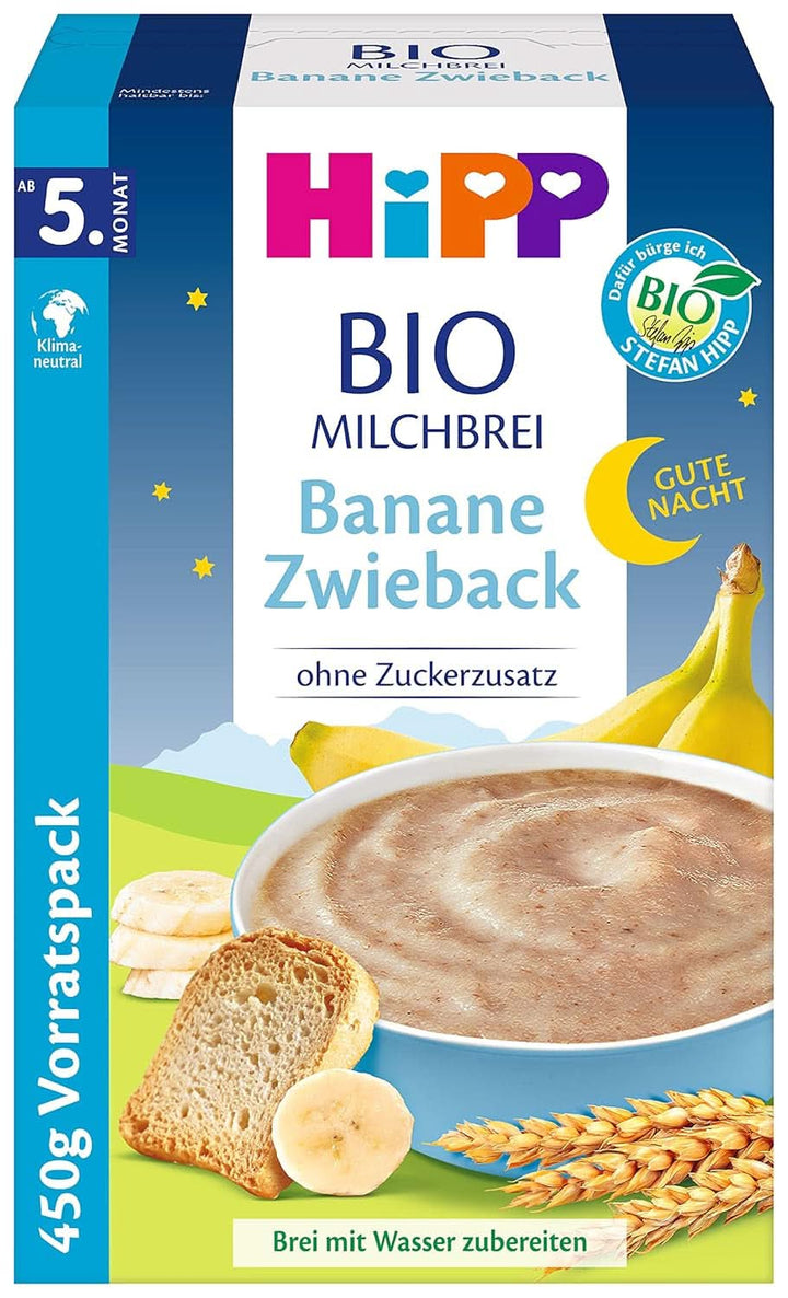 Hipp terci de lapte organic fără adaos de zahăr, semolina si banana, pachet de stocare (4X450 grame)