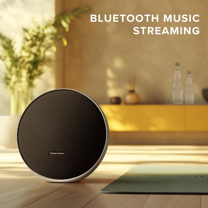 Harman Kardon Onyx Studio 9, Difuzor Bluetooth portabil cu conexiune Auracast pentru mai multe difuzoare, auto-tuning adaptiv, port de încărcare USB, autonomie 8 ore, negru