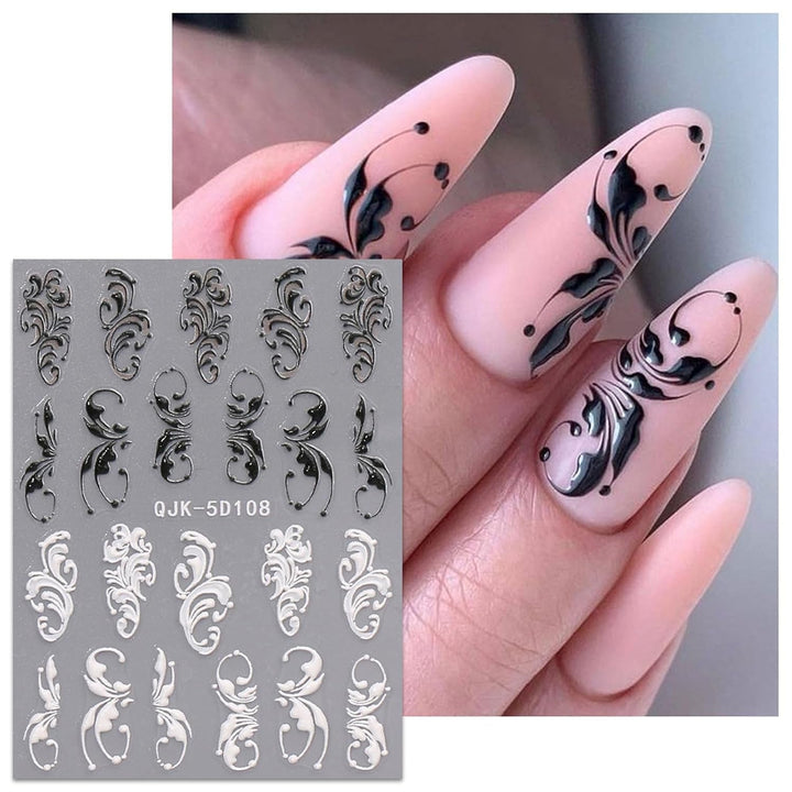 JMEOWIO 3D Nagelsticker Schwarz Weiß Blume Nail Art Sticker Selbstklebend Nagelaufkleber 5D Stereoskopisch Blumen Dekoration Nageldesign Zubehör 4 Blatt