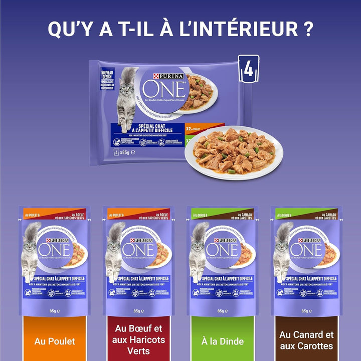 Purina One - Hrană specială în sos carne de vită/pui/canard și curcan pentru pisici cu apetit, 340 G