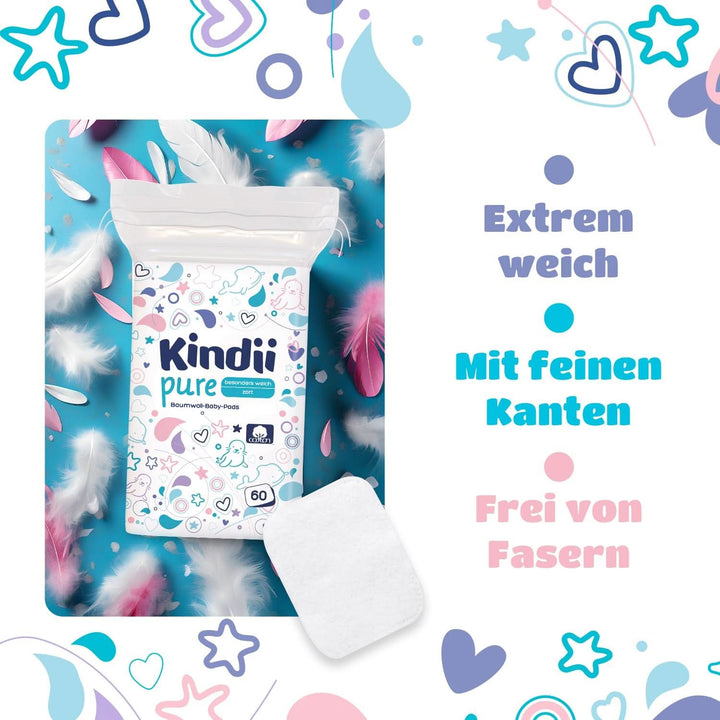 Kindii Pure Baby Pads - 100% Baumwolle - Große Quadratische Pads Für Empfindliche Haut - Ersetzt Feuchttücher - Weich - Weiche Kanten - Kein Ausfransen - 60 Stück.