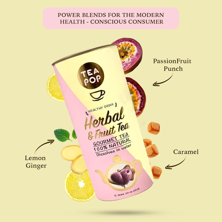 Ceaiuri din plante și fructe Tea-Pop, 6 stickuri Tea-Pop 100% naturale, ceaiuri gourmet vegane cu lămâie și ghimbir, punch de fructe, caramel crocant, ușor solubile în apă