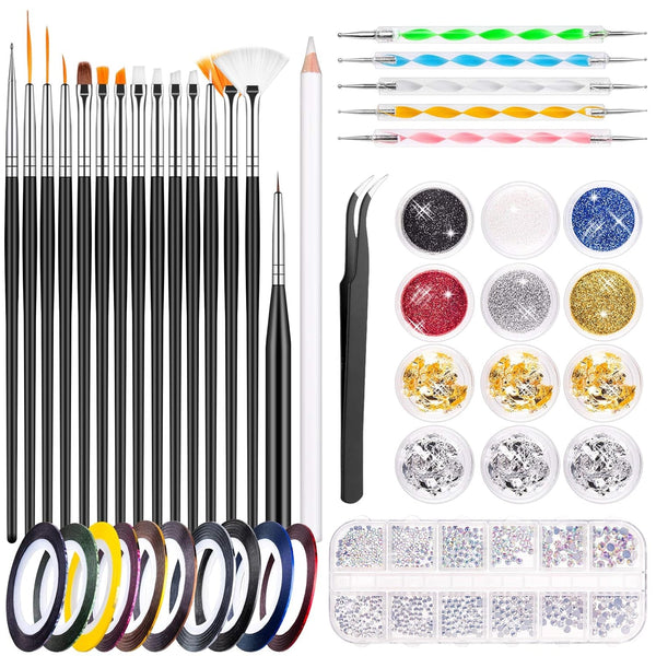 MELLIEX 45 Stück Nail Art Dekoration Zubehör Set, Nägel Pinsel Strasssteine Glitzer Goldfolie Nageldesign Dotted Pen Streifenband Für Nagelkunst Maniküre Set