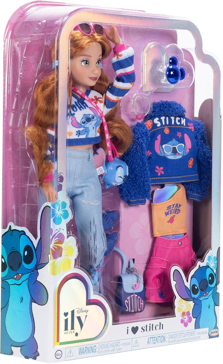 Disney ILY 4EVER Fashion Dolls Stitch cu păr roșcat 11.5" înălțime cu 13 puncte de articulare, două ținute complete Mix-And-Match și inel Mickey strălucitor pentru tine!