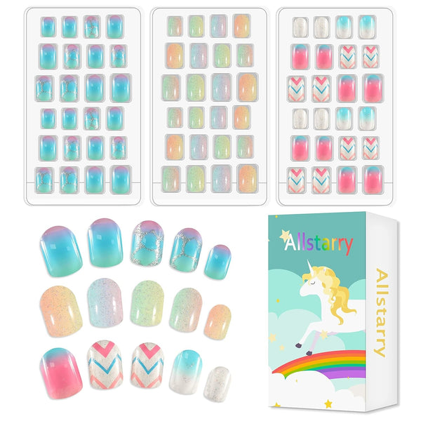 72 bucăți unghii pentru copii, pre-lipite, acoperire completă, sclipici, gradient de culoare, fundă, unghii artificiale scurte, cadou minunat pentru copii și fete, artă pentru unghii - sclipici curcubeu