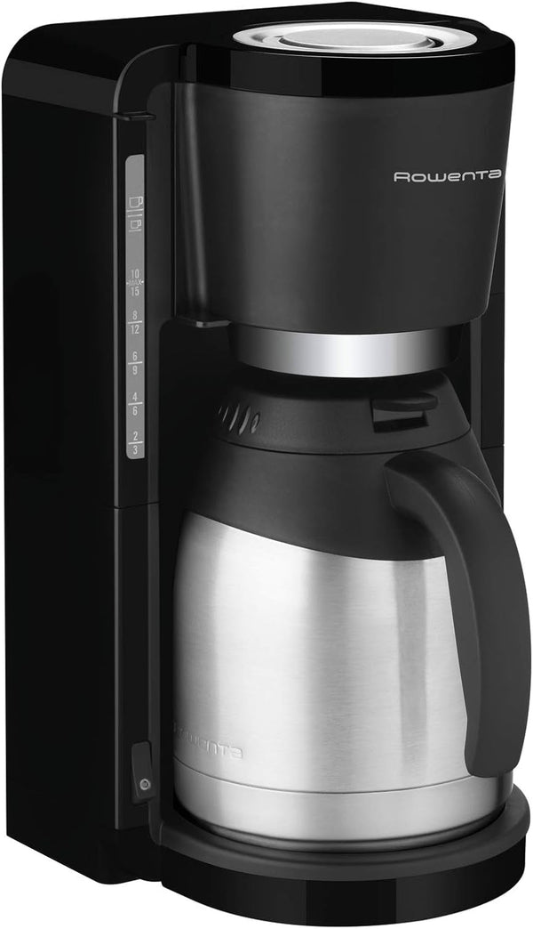 Rowenta CT3818 Cafetiera cu filtru Adagio Milano, cană termo din oțel inoxidabil, 10-15 cești, capacitate 1,25 L, oprire automată, 850 Watt, 26,5 X 27 X 38,5 cm, negru