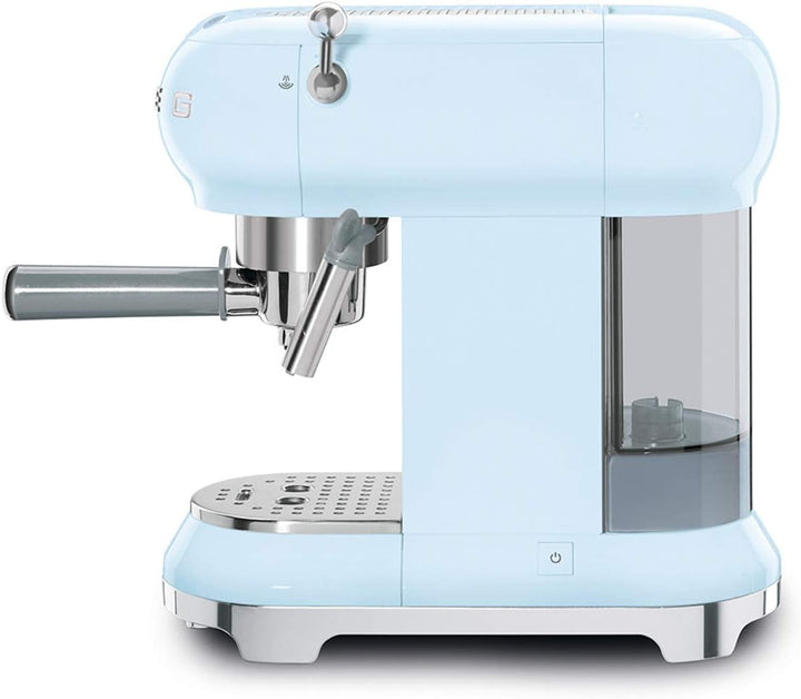 Espressor manual Smeg, ECF01PBEU, sistem cappuccino, termobloc, capacitate mare a ceștilor și funcție dublă de cafea, rezervor de apă de 1 l, dimensiuni compacte, 1350 W, albastru pastel