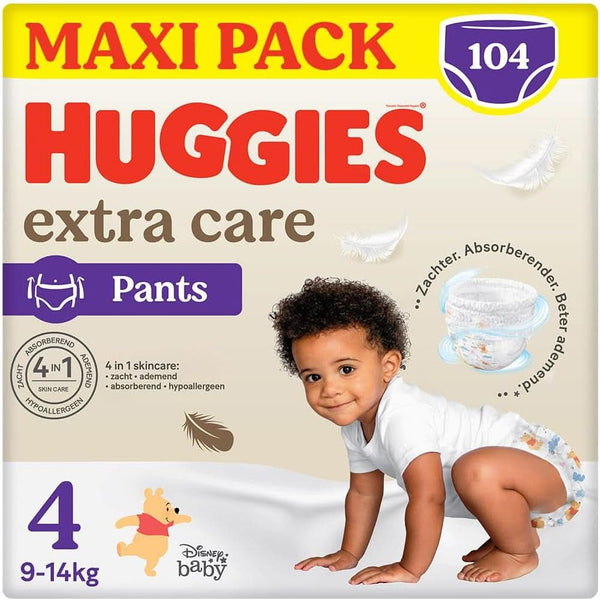 Huggies Extra Care Nappy Size 4 (9-14 Kg), 4 Packs of 26 Nappies - 4280G