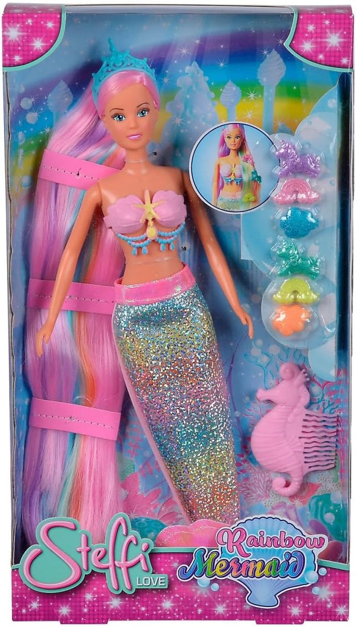 Simba 105733610 - Steffi Love Rainbow Mermaid, păpușă de îmbrăcat ca o sirenă curcubeu cu păr colorat, agrafe de păr, pieptene și aripioară detașabilă, păpușă de joacă 29cm, vârsta 3+