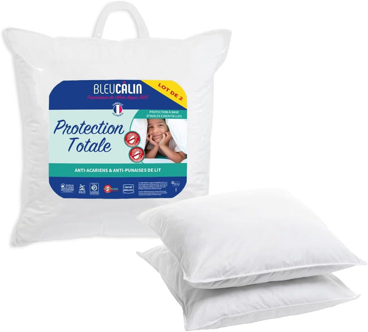 Bleu Câlin set de 2 perne anti-acarieni, anti-bug, confort pufos, 60 X 60 Cm, husă din microfibră, protecție completă, alb