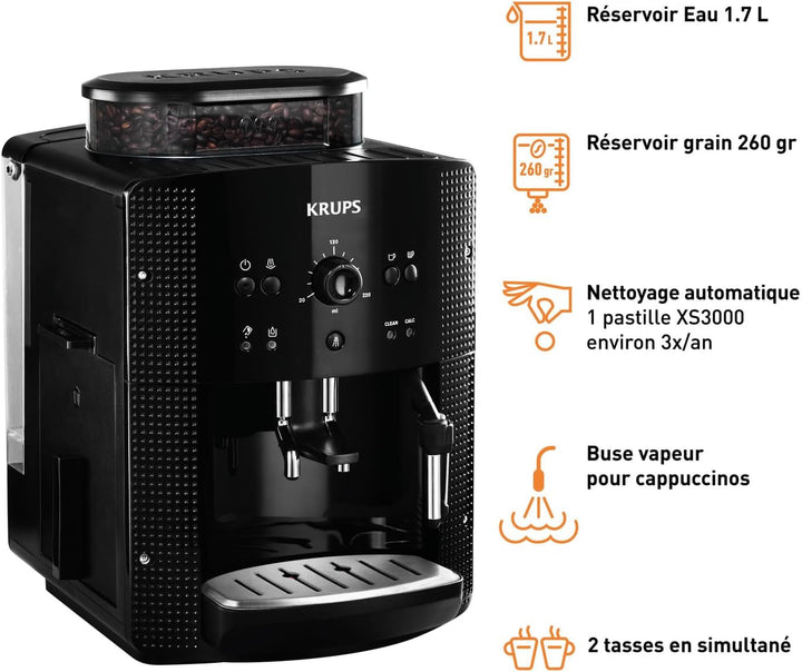 Mașină automată de espresso Krups YY8125FD Măcinător de cafea Beans cu presiune manuală (15 bar, duză de abur) Negru