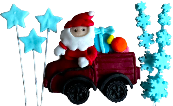 SET 6 decorazioni commestibili da pasta di zucchero, Natale, auto con Babbo Natale, stelle e fiocchi di neve