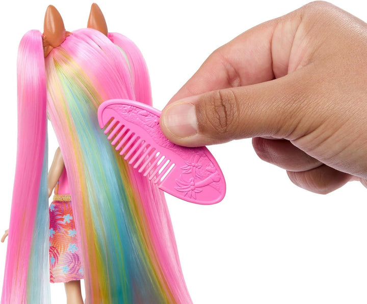 Păpuși Enchantimals, păpușă cu păr Sunshine Beach Deluxe și prieten animal, păpușă mică cu fustă detașabilă și accesorii, cadouri pentru copii, HTJ70