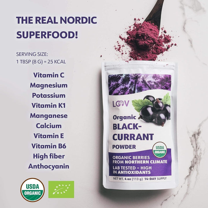 LOOV Pudră organică de coacăze negre, Fabricată din 100% coacăze negre întregi, Fructe de pădure organice liofilizate și pudrate, Cultivate în Europa de Nord, Fără zahăr adăugat, 113 g Produse deshidratate Naty Shop