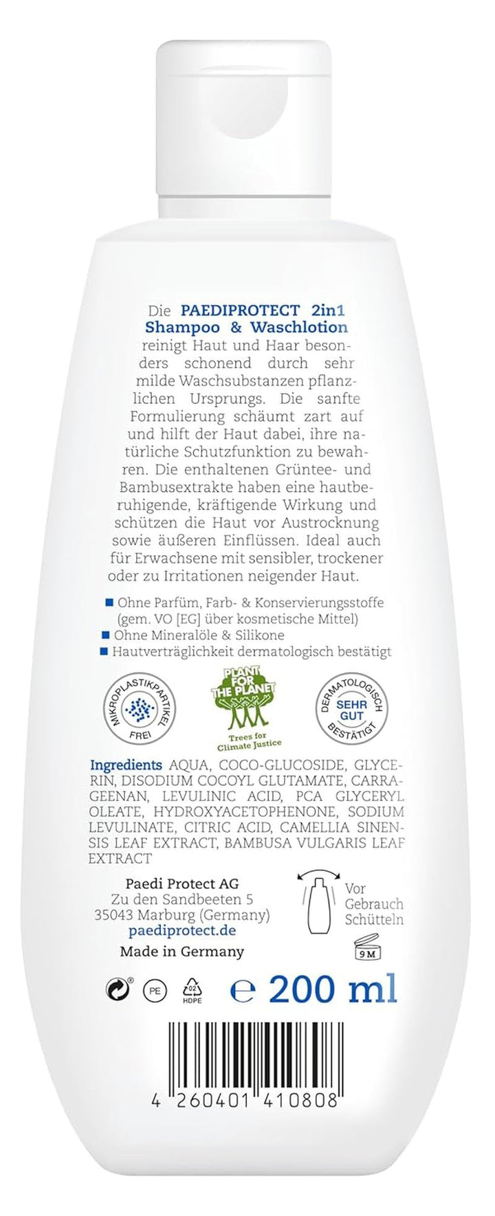 PAEDIPROTECT 2in1 șampon și loțiune de spălare pentru bebeluși și copii 200 ml, curățare delicată și păr fără parfum și microplastice, gelul de duș hidratează pielea uscată și sensibilă, de asemenea pentru adulți Copii - Baie si Skincare Naty Shop