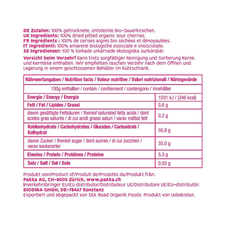 PAKKA - Cireșe organice Fairtrade uscate la soare 750g, cireșe organice recoltate sălbatice, neulei, neîndulcite direct de la micii fermieri din Samarkand, Uzbekistan, vegan, 750g Produse deshidratate Naty Shop