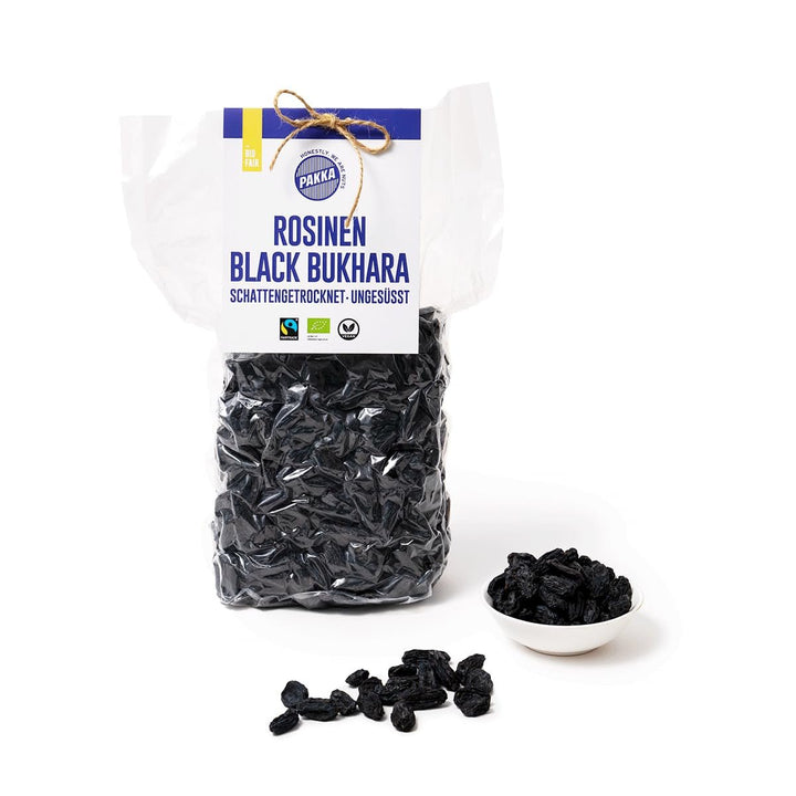 PAKKA - Stafide organice Fairtrade Bukhara 600g, fără semințe, struguri negri jumbo Bukhara uscați la umbră, fără ulei, deci lipicioși, nesulfurați, direct de la micii fermieri din Samarkand în Uzbekistan 600g Produse deshidratate Naty Shop Varianta 2: 1 kg (1 pachet)