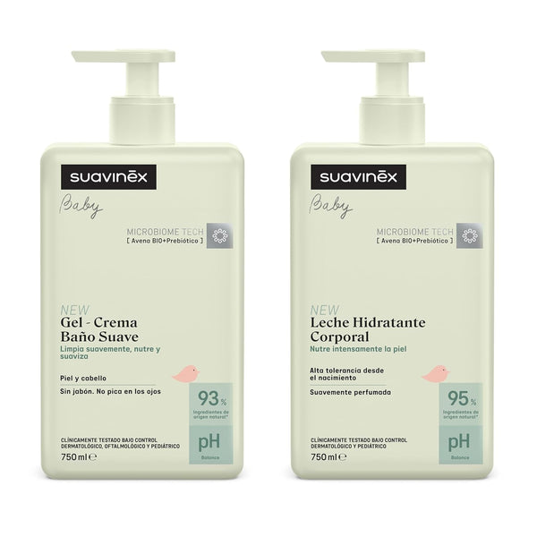 Suavinex, Syndet șampon pentru copii pentru piele și păr, fără săpun, 750 ml + loțiune hidratantă pentru corp, 750 ml, potrivit pentru pielea sensibilă și nou-născut, cu 90%-93% ingrediente naturale. Copii - Baie si Skincare Naty Shop Titlu implicit